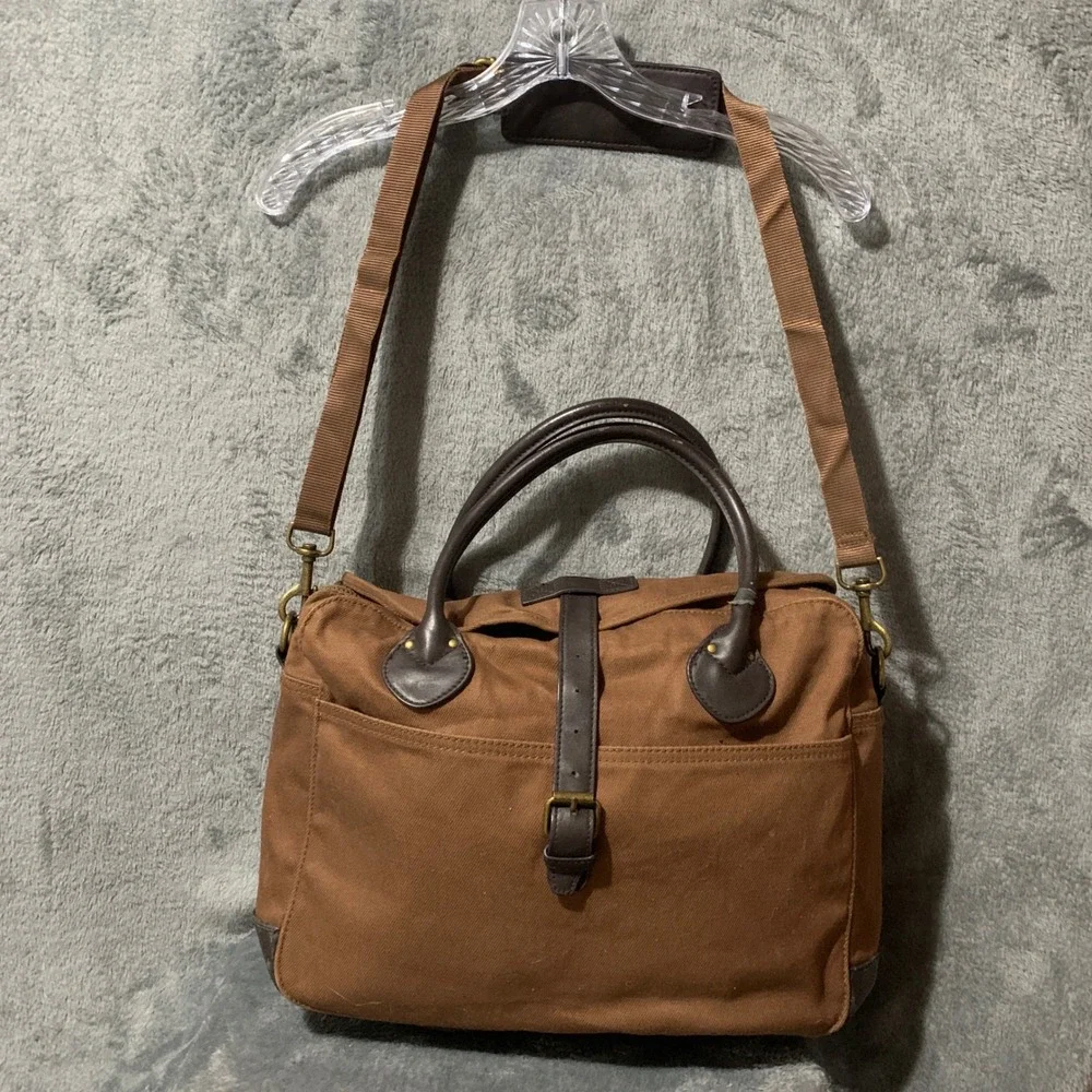 J. Crew Brown Canvas Messenger Bag Leather Trim Crossbody Satchel RN77388 Faw